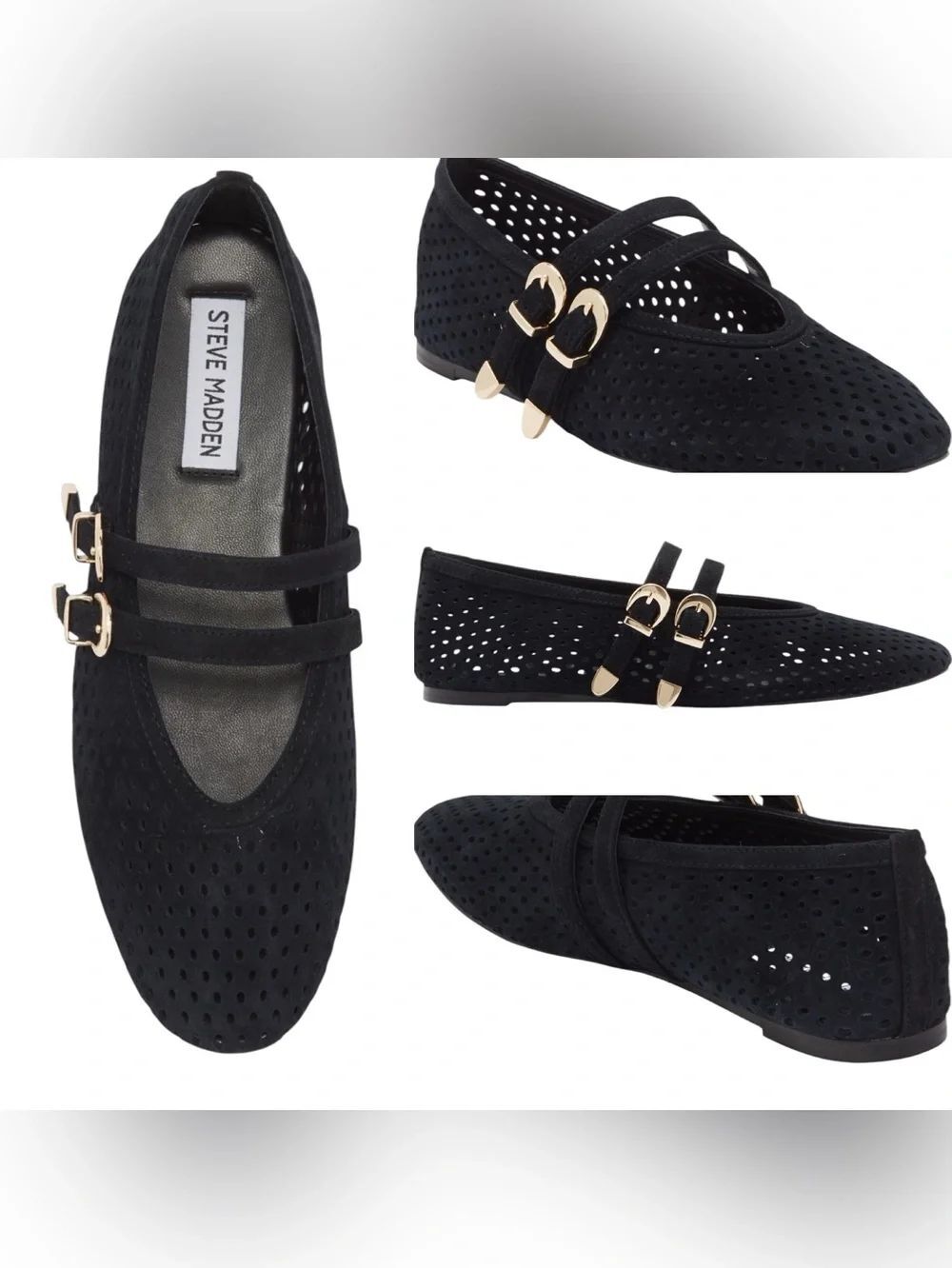 Steve Madden Lissa Black Suede Perforated Mary Jane Flats Sz 9.5